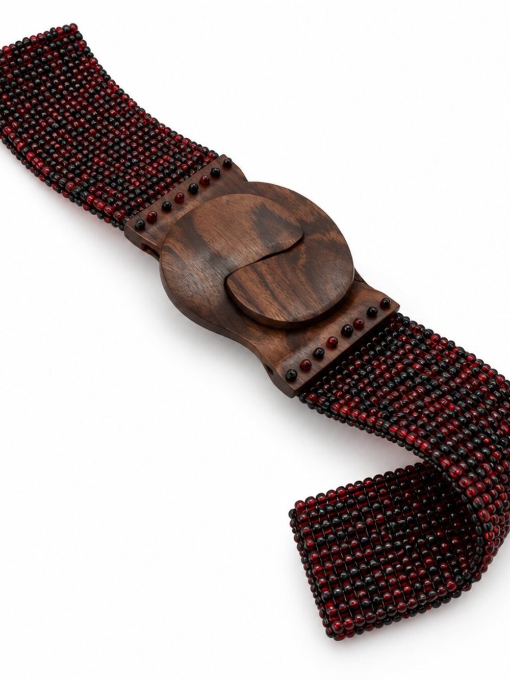 Handmade Beaded Stretch Belt Red Black Wood Clasp Giftable